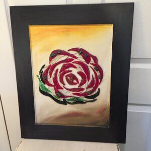 HAND BLOWN 3-D ART GLASS Framed Rose 23" x 19" Fusion By Karla
